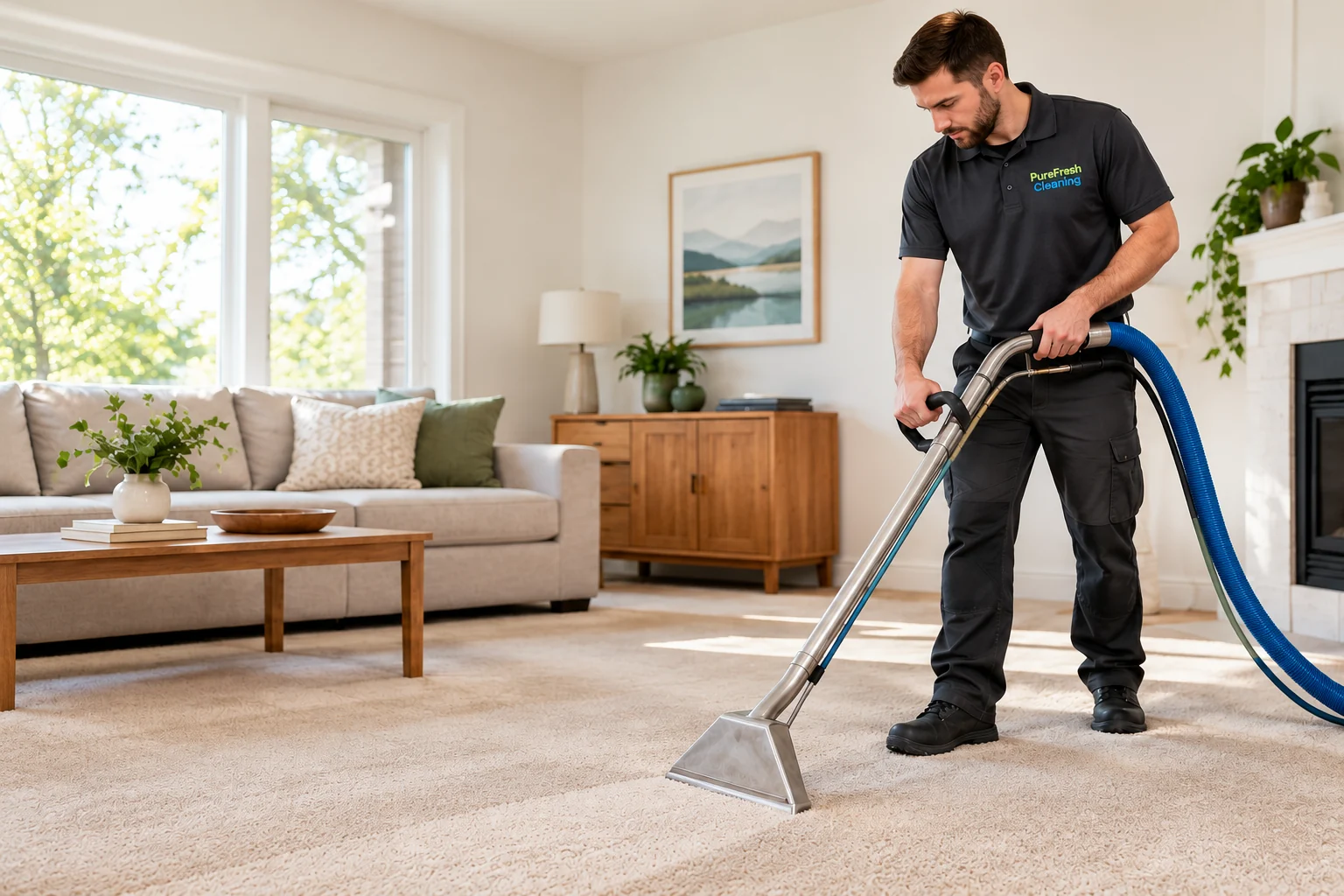 PureFresh Cleaning technician using an extraction wand on a carpet